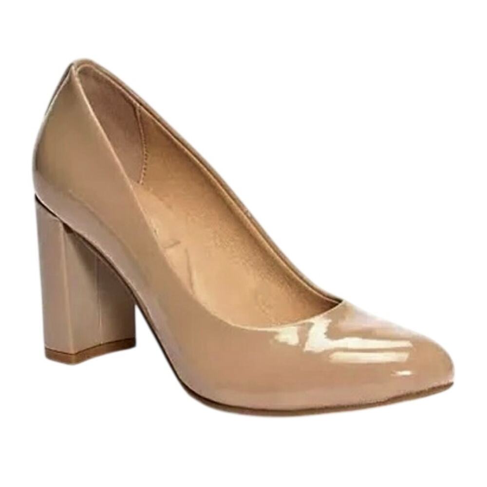 NEW Chinese Laundry Tan Patent Faux Leather Block Heel Pumps Classic Minimalist